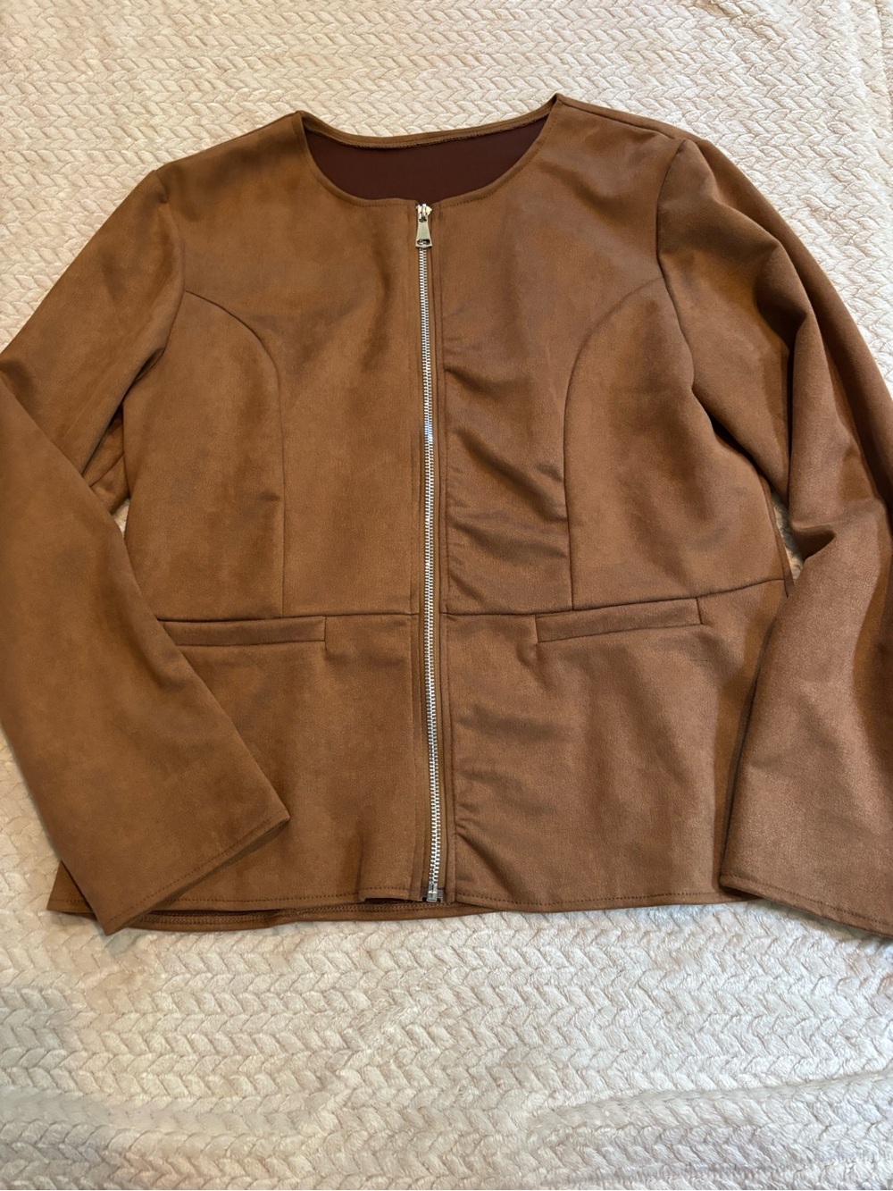 Brown Faux Suede Zip Front Dressy Blazer Jacket